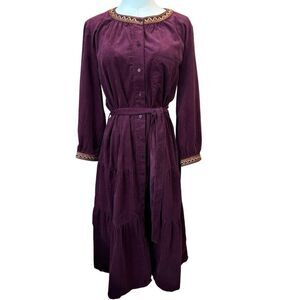 Johnny Was Jade Maroon Corduroy Tie Waist Button Down Ruffle Midi Dress Medium